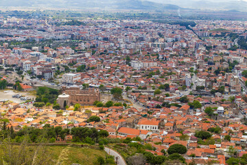 Obraz premium Wide angle shot of Bergama(pergamon) city center with iconic houses and Red Hall Basilica.