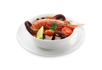 Tasty seafood soup in bowl isolated on white