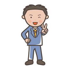 ピースをしてポーズを取る若手男性ビジネスマンの全身イラスト