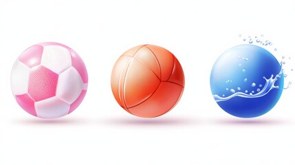 Set of Three Flat Design Sports Balls Including Soccer Ball Basketball and Water Polo Ball with Splashes