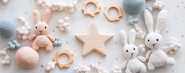 Baby knitted toys forming background for product placement