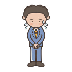 焦って冷や汗をかいて謝罪する若手男性ビジネスマンの全身イラスト