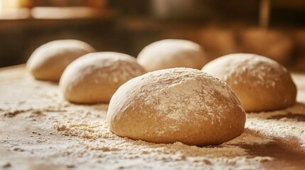 Obraz premium Rustic Bread Dough Balls Rising – Artisan Whole Wheat Baking Preparation, Fresh Pizza Dough Balls Sprinkled with Flour