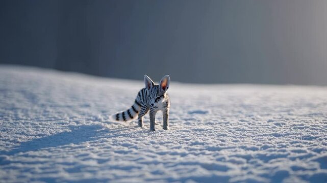 Striped polecat featuring large ears standing motionless on snow-covered ground, casting elongated shadow against white winter landscape backdrop