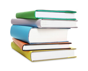 Stack of colorful books on white background