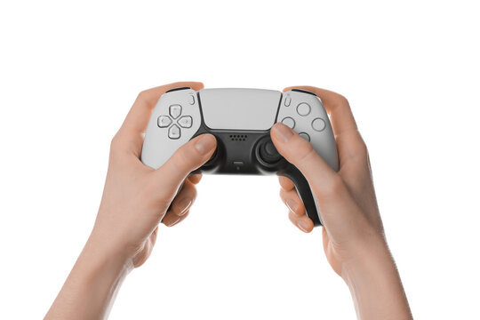 Woman with wireless game controller on white background, closeup