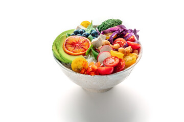 Buddha Bowl. Rainbow salad. Vegan poke bowl with avocado. Healthy food, fresh organic ingredients, on a white background