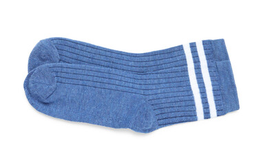 Pair of blue socks isolated on white, top view