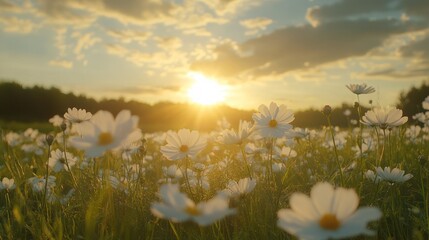 Sunset Cosmos Field Meadow Golden Hour