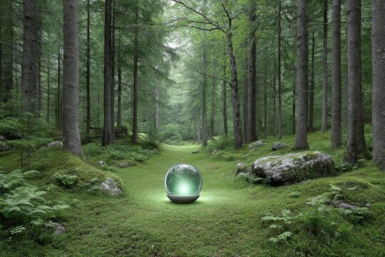 A gothic-style forest scene with twisted trees protecting a glowing green orb of Earth