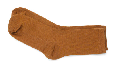 Pair of brown socks isolated on white, top view