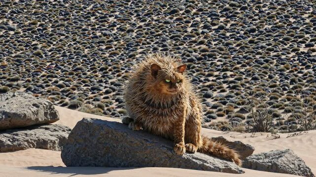 Genetically mutated wildcat with piercing green eyes sitting menacingly on rocky desert terrain, radiating supernatural predatory power and otherworldly threat