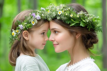 Naklejka premium A magical floating flower crown being gifted by woodland creatures to a queenly mother figure