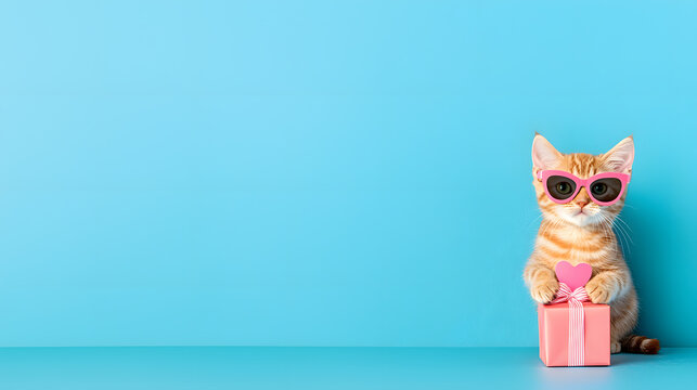 Cute cat in sunglasses holding a gift with a heart, copy space for text