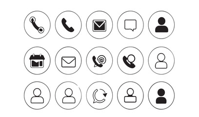 Fifteen Simple Black and White Contact Icons, Modern Outline Communication Symbols, Vector Set

