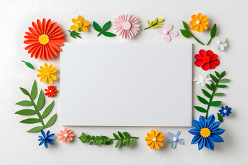 White blank paper surrounded by paper colorful flowers isolated on background
