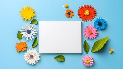 White blank paper surrounded by paper colorful flowers isolated on background