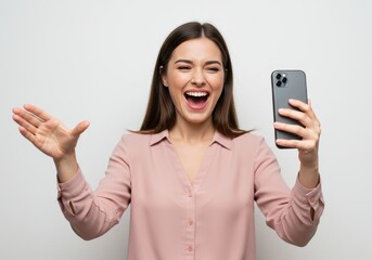 Fototapeta premium Portrait of a Cheerful Young Woman Taking a Selfie with Her Smartphone While Laughing, Wearing a Light Pink Shirt and Standing Against a Plain White Background 