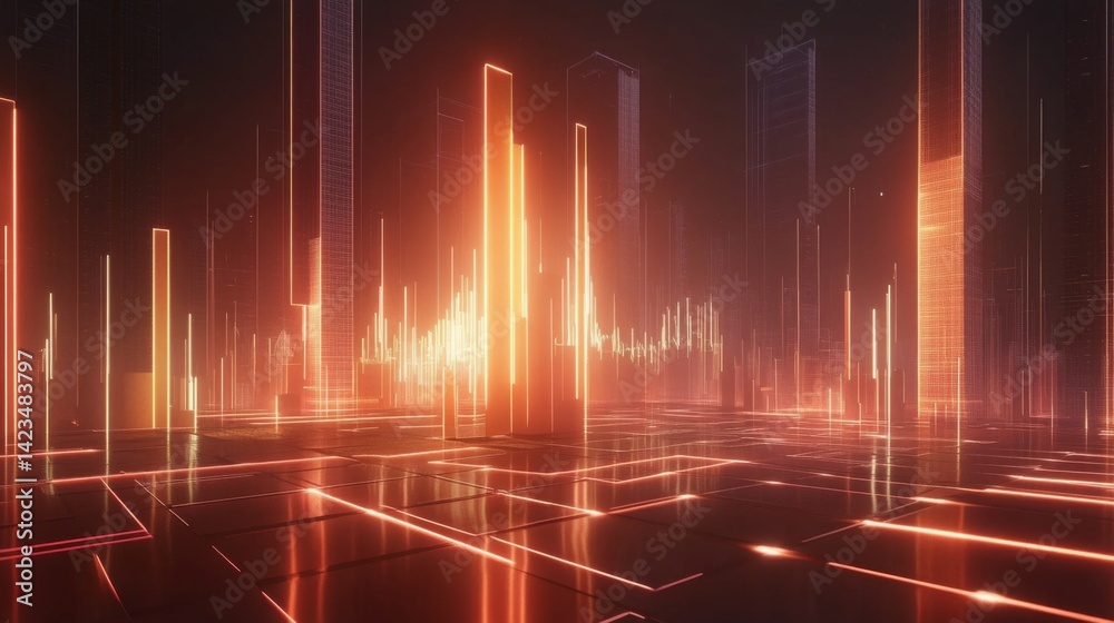 Fototapete a d financial chart with rising columns and a glowing trendline, placed over a sleek digital grid wi