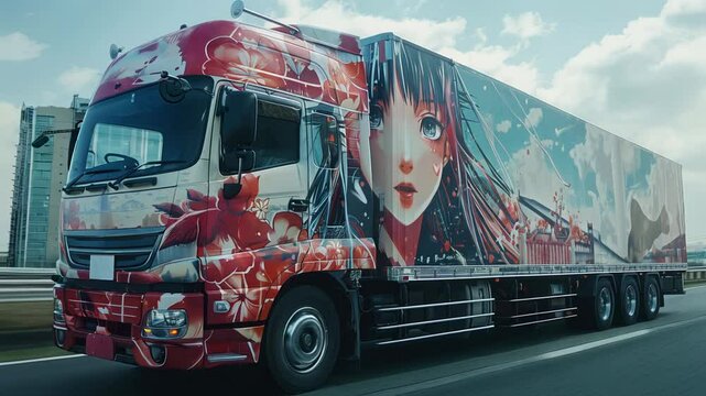 Anime style wrapped truck driving on the road in modern style wi