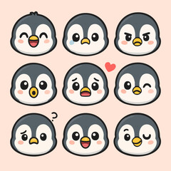 Adorable baby penguin showing nine different cartoon emotions
