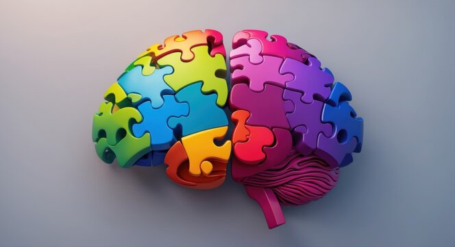 A human brain constructed from colorful jigsaw puzzle pieces, symbolizing the complexities of the mind and neurological diversity 