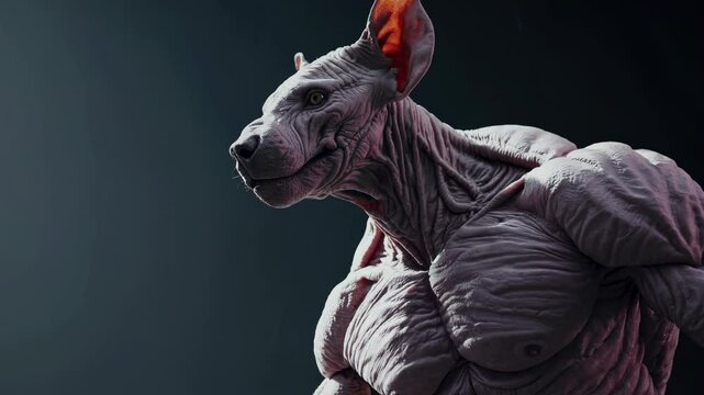 Muscular humanoid rat with gold tooth revealing powerful physique and menacing presence against dark background, highlighting strength and surreal character design