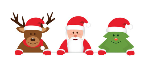 cute deer santa and christmas tree cartoon white banner vector illustration