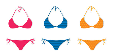 three bikinis with different patterns isolated vector illustration