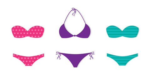three bikinis with different patterns isolated vector illustration