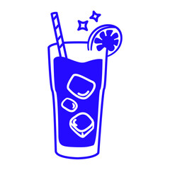 A blue glass with a straw and a slice of lime in it. The glass is filled with ice