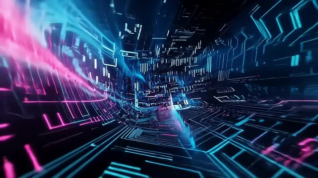 Futuristic digital landscape with vibrant blue and pink patterns, creating a sense of depth and motion