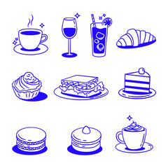 A blue and white image of food and drinks, including a cupcake, a sandwich, a cake, a coffee cup, a 