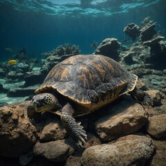 Turtle Resting on a Rock in a Tank
