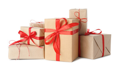Many gift boxes wrapped in kraft paper isolated on white