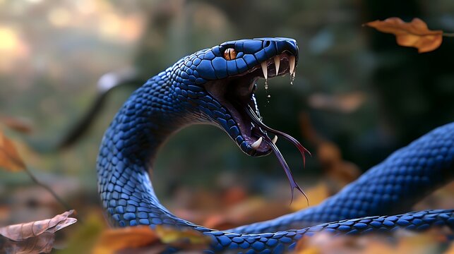 Angry Snake Striking in the Autumn Leaves Nature Background