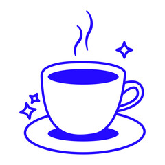 A blue coffee cup with steam rising from it is placed on a blue plate. The cup is filled with coffee