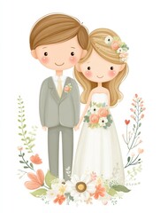 Happy Couple Wedding Illustration with Pastel Flowers