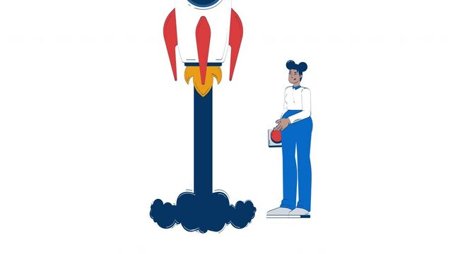 Female entrepreneur launching MVP startup rocket hand drawn whiteboard animation. Start-up founder pressing button minimum viable product animated doodle handdrawn concept pencil drawing 4K video