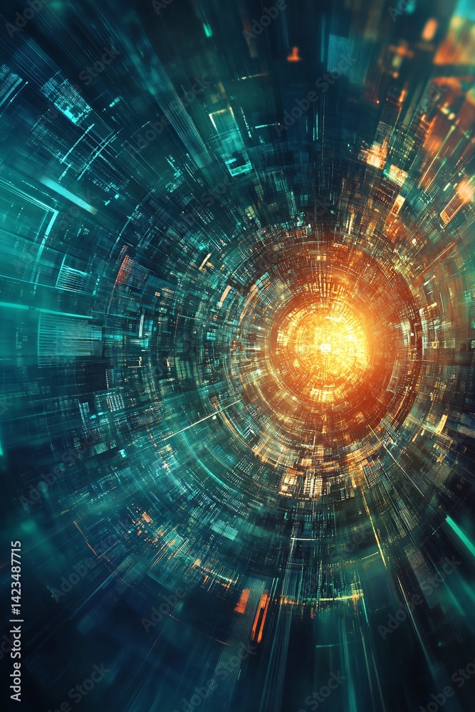 Poster Abstract circular technology background with moving data