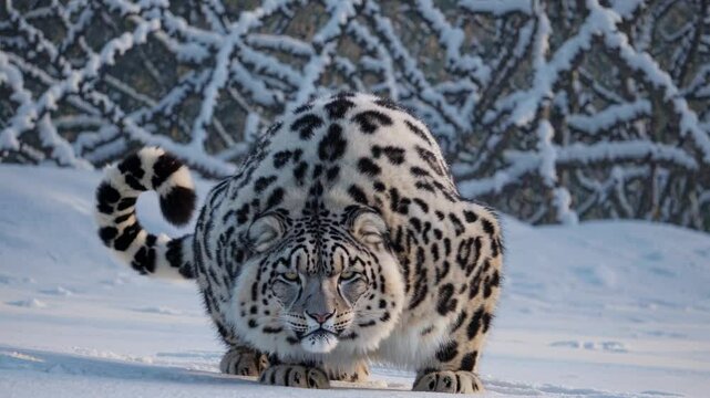 Beautiful snow leopard with thick winter fur confidently prowls through a snowy landscape, its powerful presence captivating against the backdrop of frosted trees