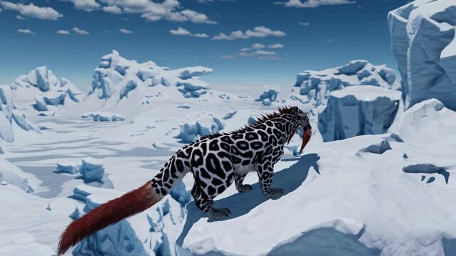 Prehistoric saber-toothed barbourofelis predator prowling across desolate arctic landscape during ice age, displaying powerful muscular build characteristic of extinct carnivorous mammalian species