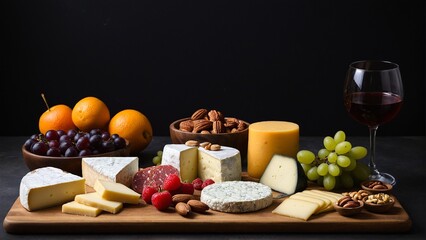 An Exquisite Array: Diverse Cheeses, Fresh Fruits, and Sumptuous Nuts Harmoniously Paired with a Rich Glass of Red Wine.