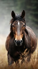 Majestic brown horse standing in a serene meadow with misty forest backdrop during early morning light