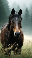 Obraz premium Majestic black horse standing tall in a misty forest at dawn with trees in the background