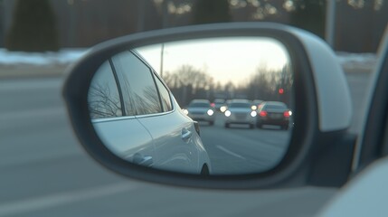 Car side mirror reflection of traffic