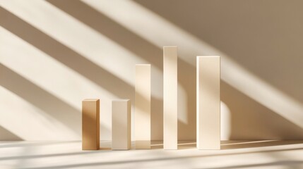 Obraz premium A clean, minimalist D bar chart with sleek, glossy bars in different heights, each representing financial growth over time, set against a neutral backdrop