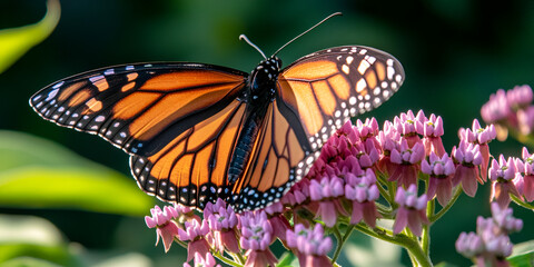Fototapeta premium Monarch Butterfly on Flowers, Close-up of Insect in Garden, Wildlife Photography