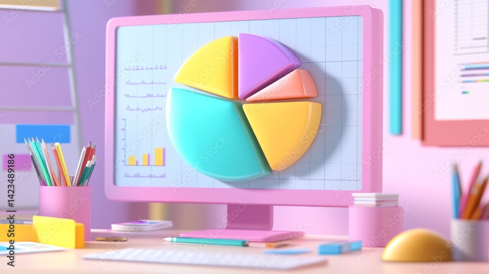 Leinwandbilder A close-up of a D pie chart on a computer screen, showcasing different colored segments with clear labels, surrounded by office supplies and data reports.