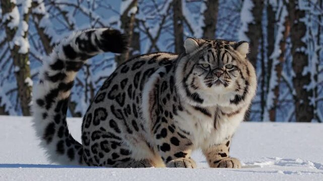 Pallas's cat resting on snow-covered ground, showcasing thick fur and majestic presence in pristine winter wilderness of siberian landscape
